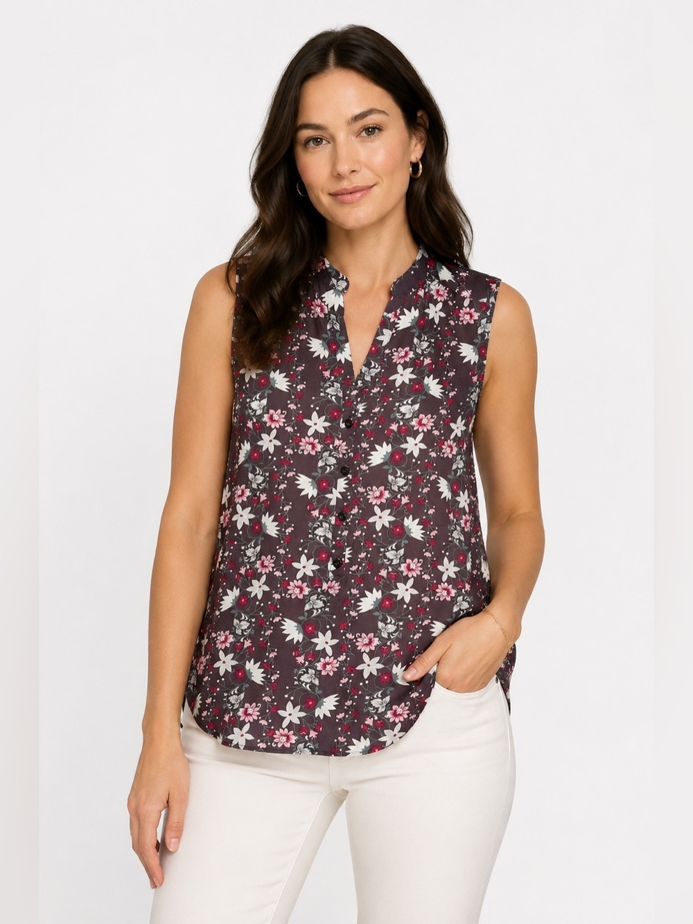 Cabi Plaza Fiesta Sleeveless Floral Button Front Blouse Size Small